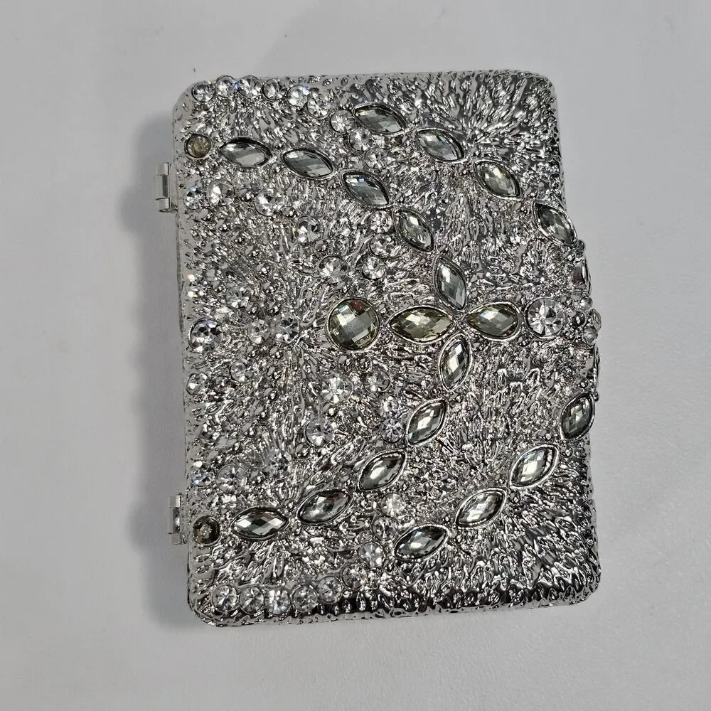 Silver Metal Rhinestone Trinket Box Ring Holder 3.5x2.5×1.5 Wedding Glam Bling
